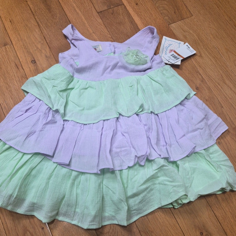 Marmellata Girls 3T Tiered Ruffle Cotton Gauze Dress Lilac Mint Green Bow NWT